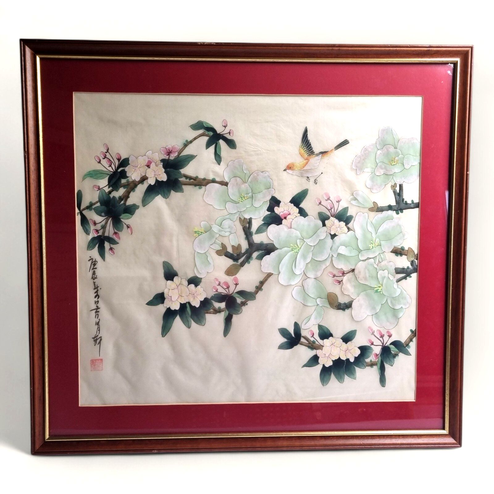 Chinese Silk Water Colour Painting Sichouhua Sparrow Blossom Framed Vintage photo furniture