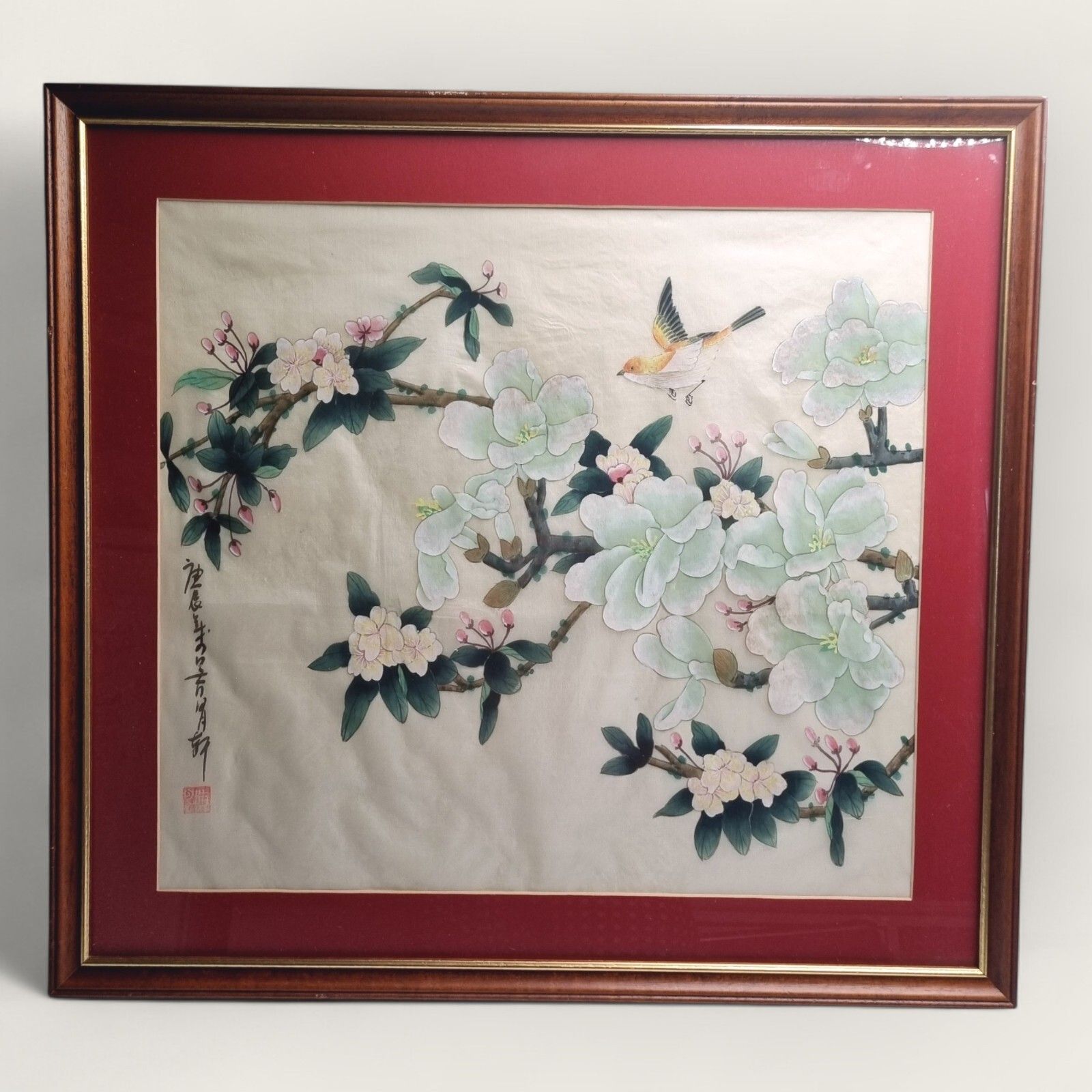 Chinese Silk Water Colour Painting Sichouhua Sparrow Blossom Framed Vintage photo vinterior