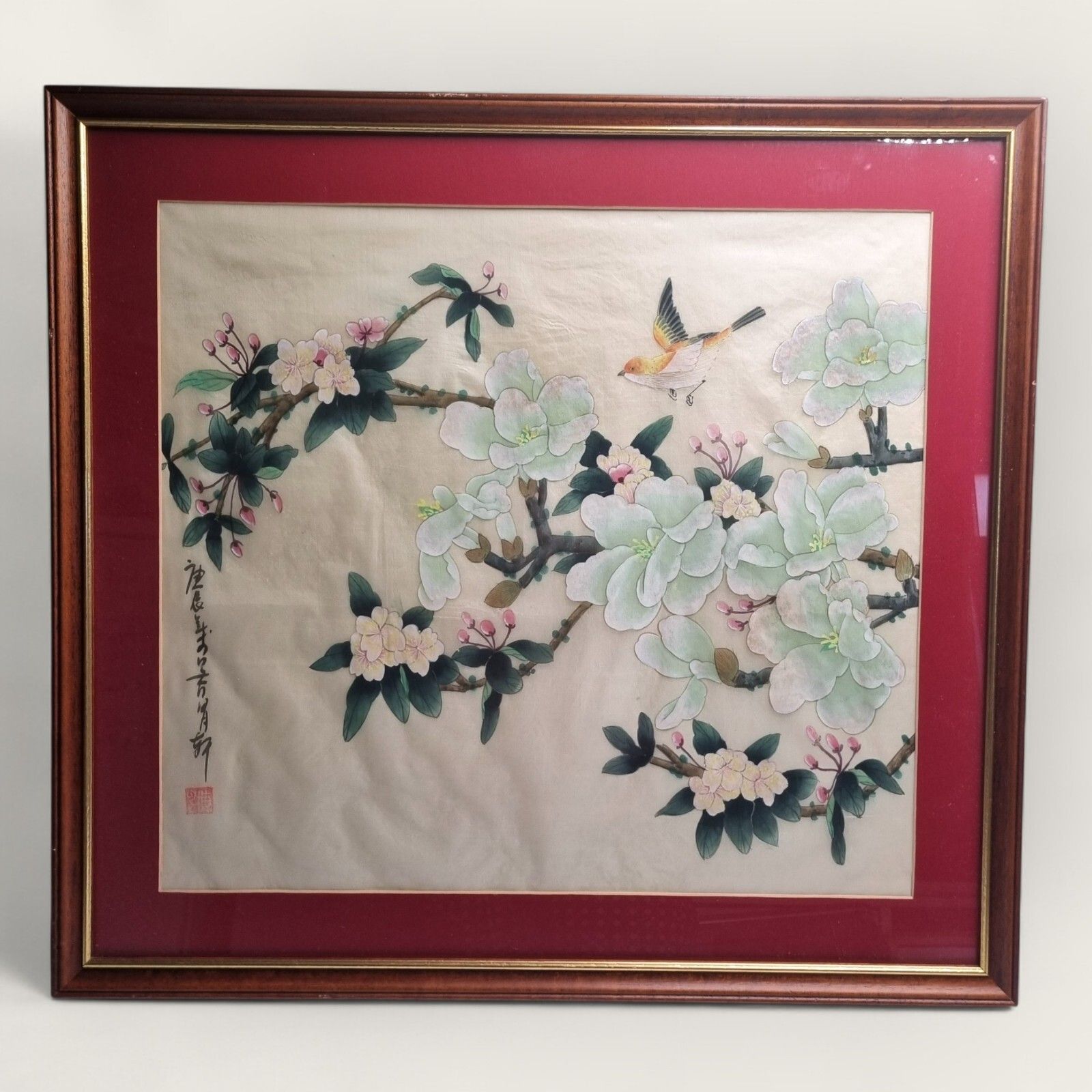 Chinese Silk Water Colour Painting Sichouhua Sparrow Blossom Framed Vintage photo buy