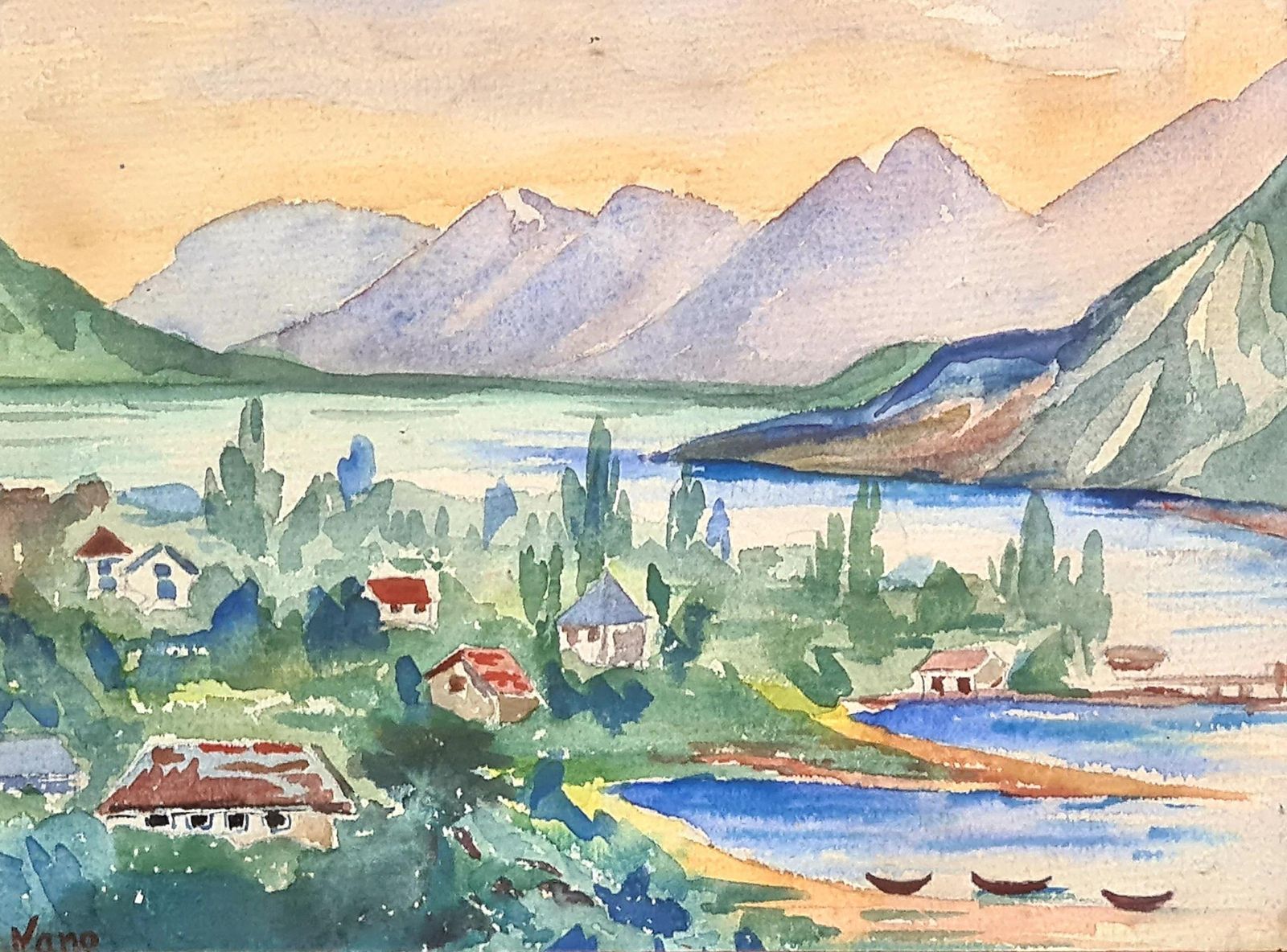 Landscape Watercolour, Lake And View To The Mountains By Nano photo furniture