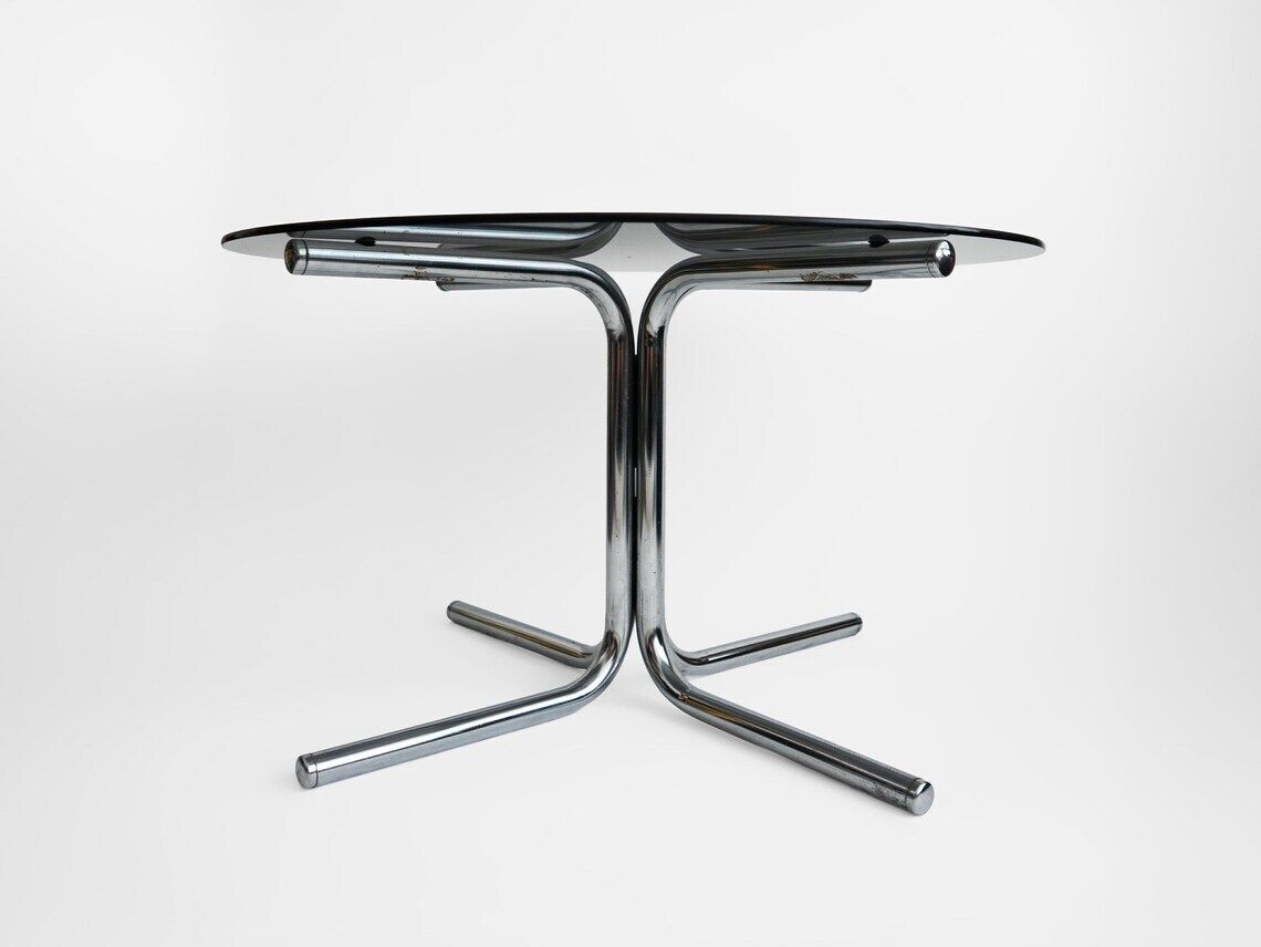 Vintage Round Coffee Table Black Glass Chrome Legs Modernist Space Age Design Mid Century Home Decor 1970s photo for sale