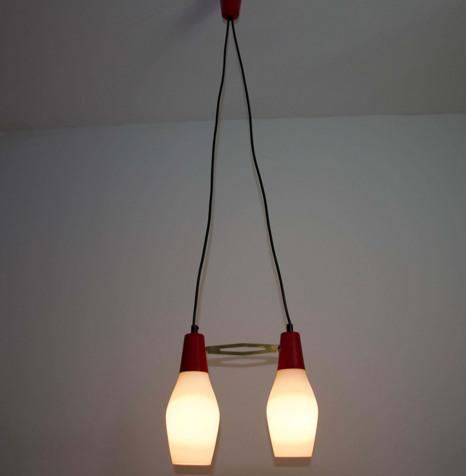 Mid Century Red Metal And Opal Glass Ceiling Lamp, Italy, 1960s photo buy