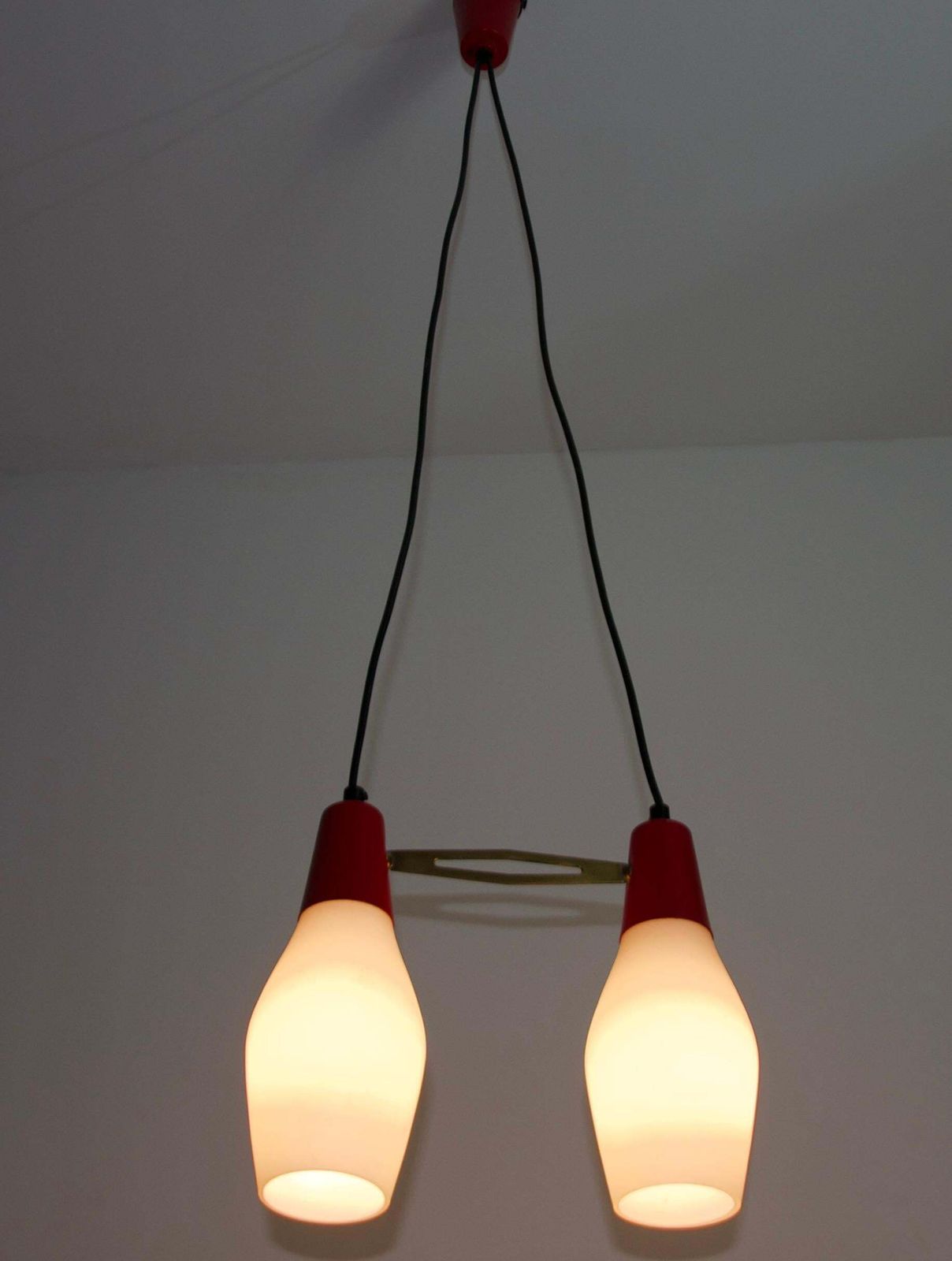 Mid Century Red Metal And Opal Glass Ceiling Lamp, Italy, 1960s photo vintage