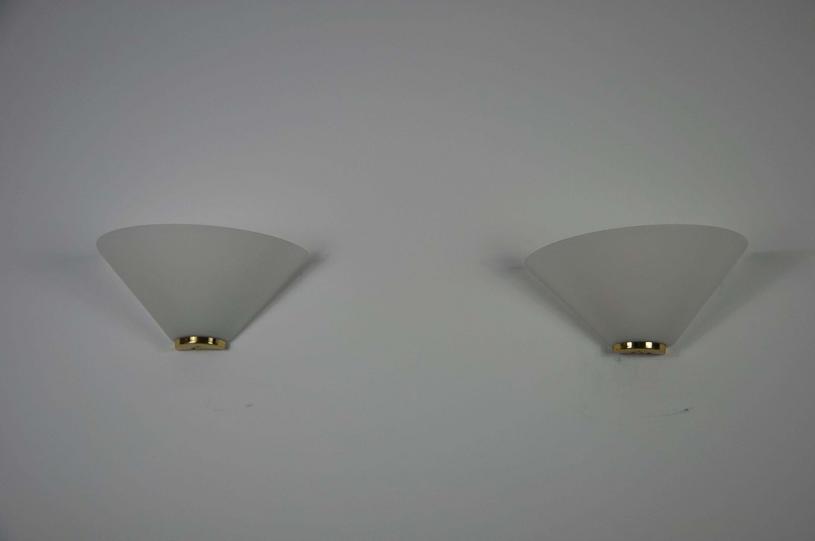 photo for sale Pair Of Brass And Opaline Glass Wall Lamps By Glashütte Limburg, 1960s