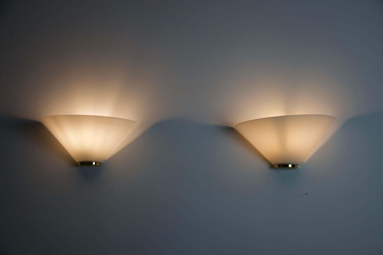 Lighting Pair Of Brass And Opaline Glass Wall Lamps By Glashütte Limburg, 1960s photo