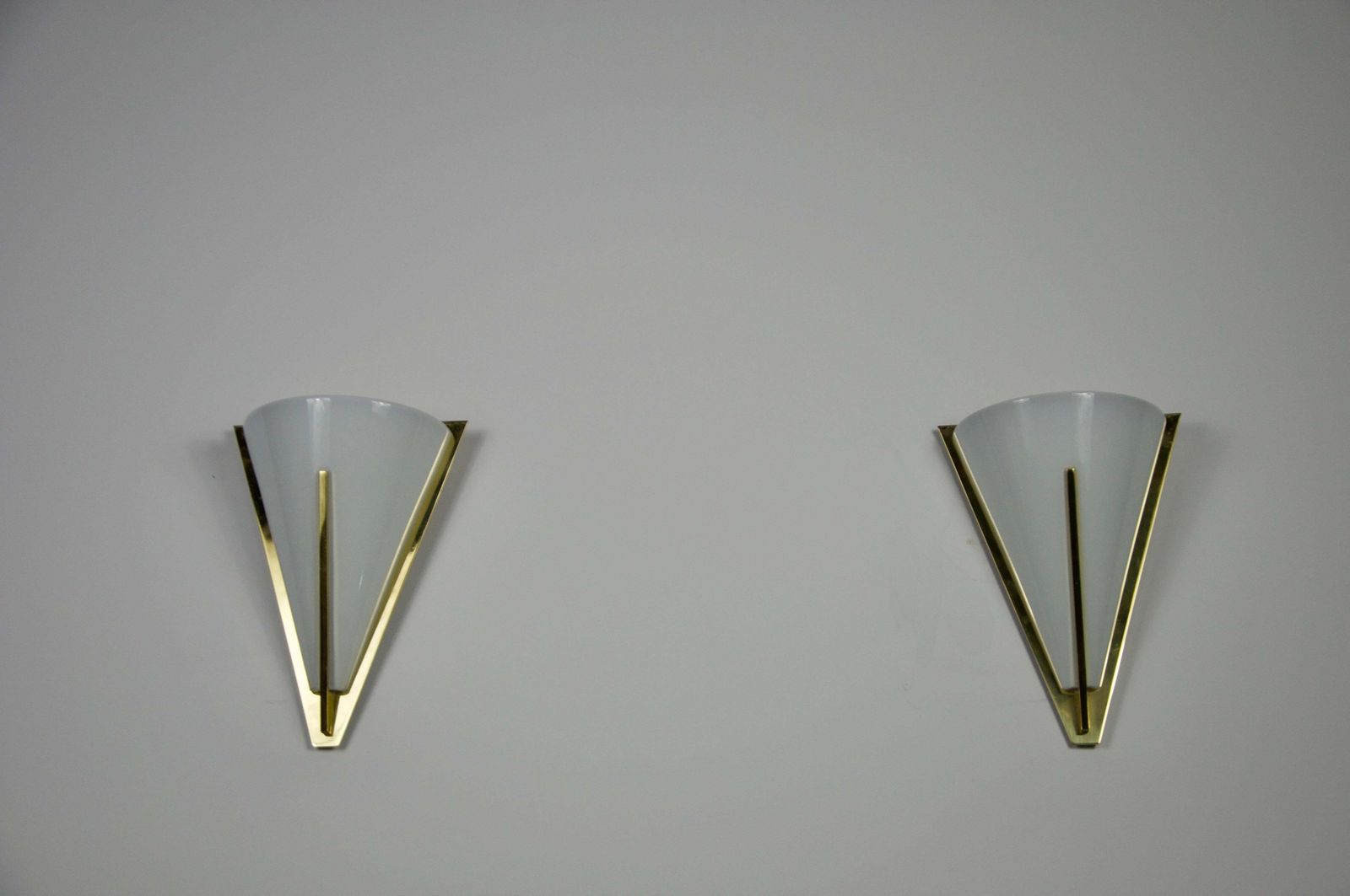 Pair Of Brass And Opaline Glass Wall Lamps By Glashütte Limburg, 1960s photo vinterior