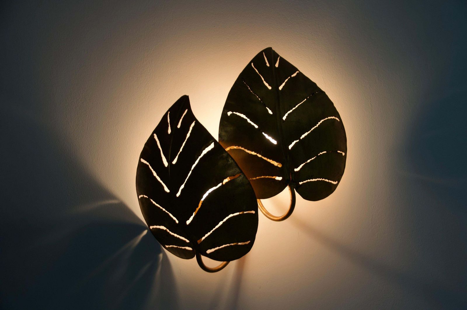 photo for sale Brass Monstrera Double Leaf Wall Lamp, Maison Jansen, France, 1960s