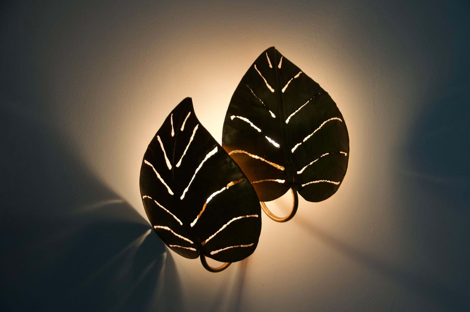 Lighting Brass Monstrera Double Leaf Wall Lamp, Maison Jansen, France, 1960s photo