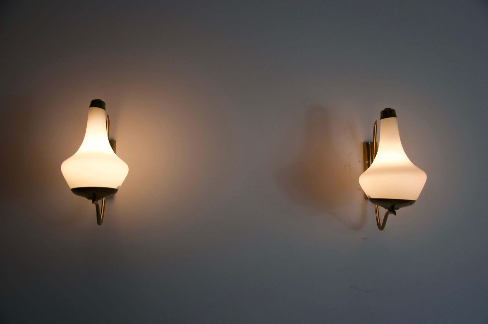 Pair Of Brass And Opaline Wall Lamps By Stilnovo, Italy, 1960s photo furniture