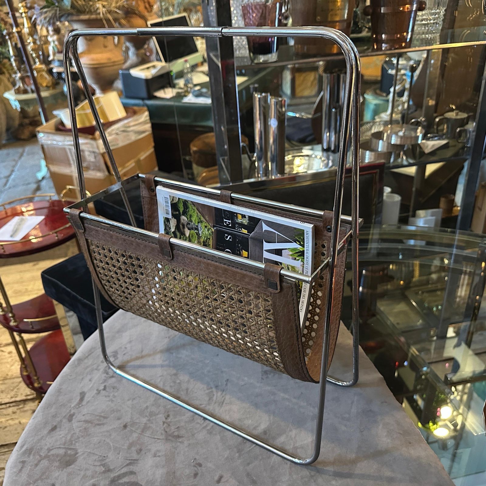 photo furniture 1970s Mid Century Modern Steel, Leather And Wicker Italian Magazine Stand
