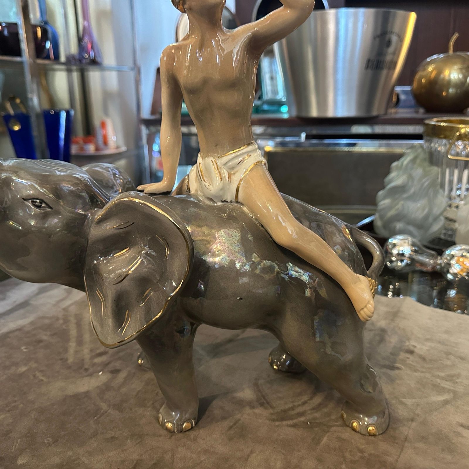 1950s Orientalist Ceramic Italian Figure Of A Boy On An Elephant By Sica photo for sale
