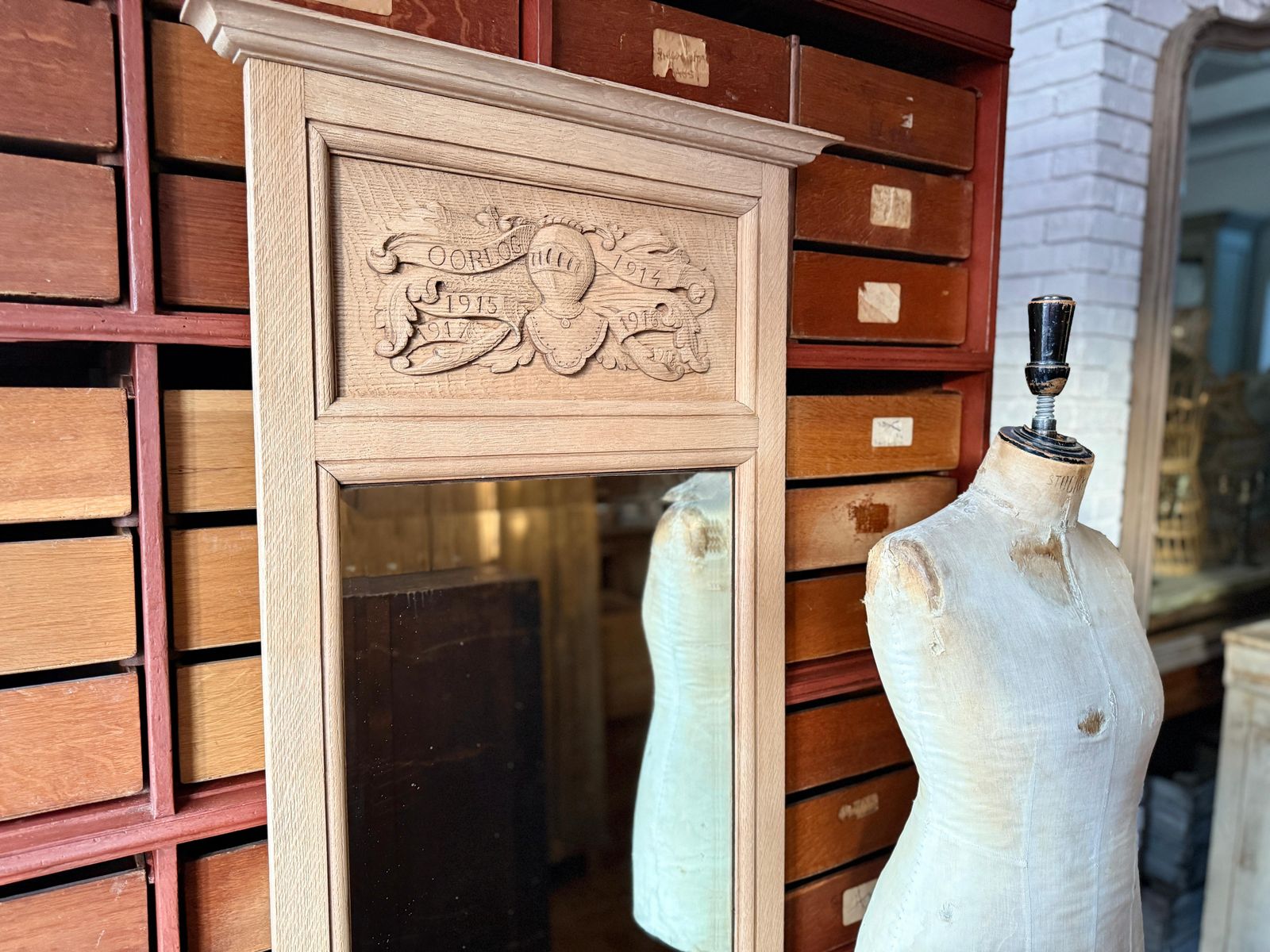 Tall Antique French Trumeau Mirror With Raw Oak Frame photo buy