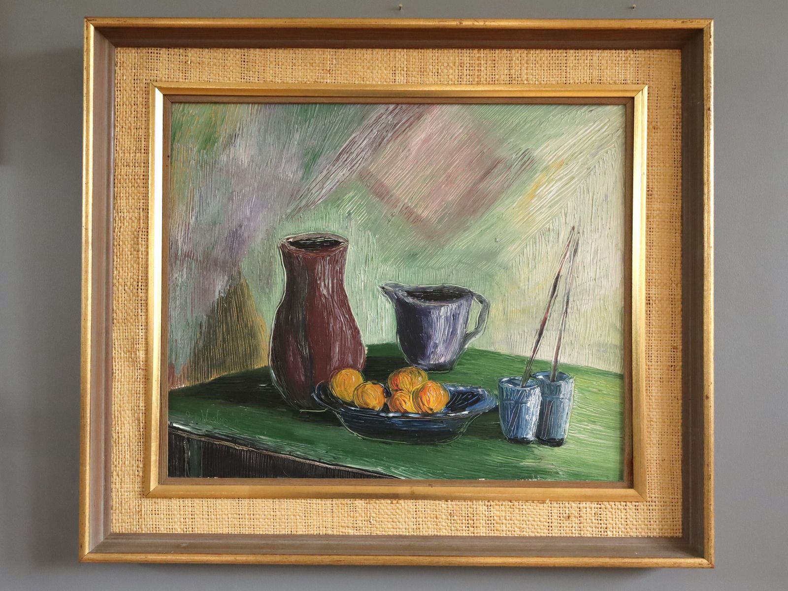 Fruit & Brushes  Oil Painting, Mid 20th Century