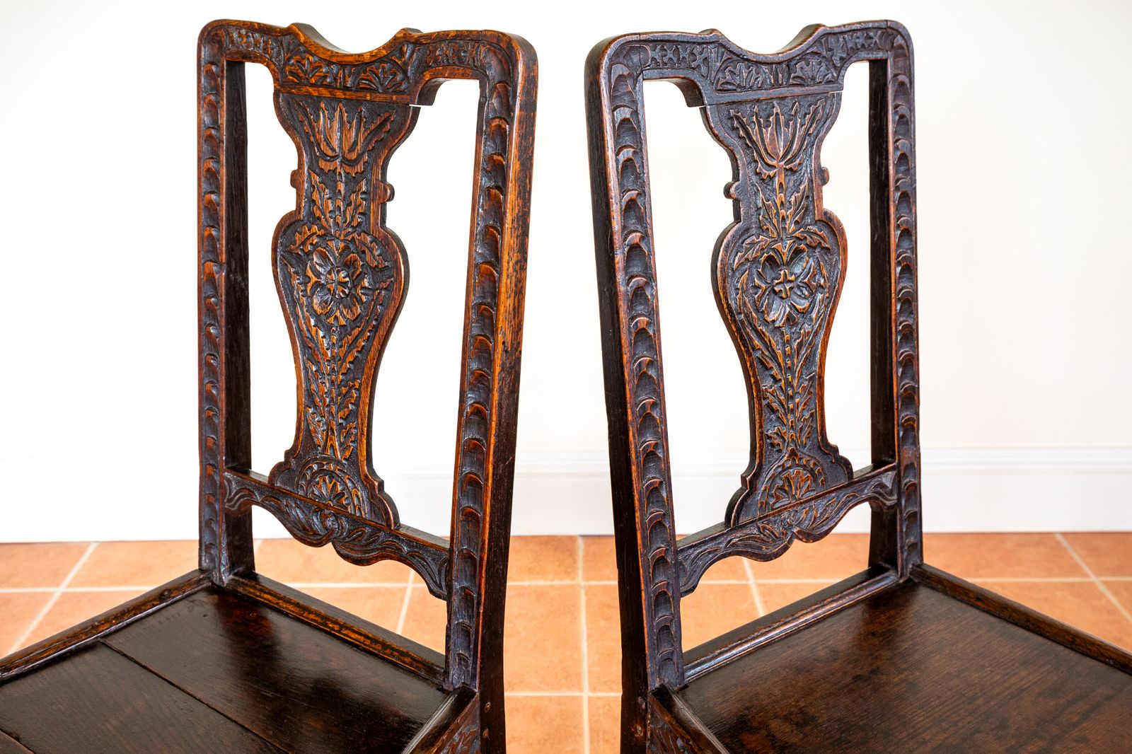 Pair Of Jacobean Carved Hall Chairs Oak 1620 Antique Country House Chairs Primitive Baronial Side Dining Chairs photo buy