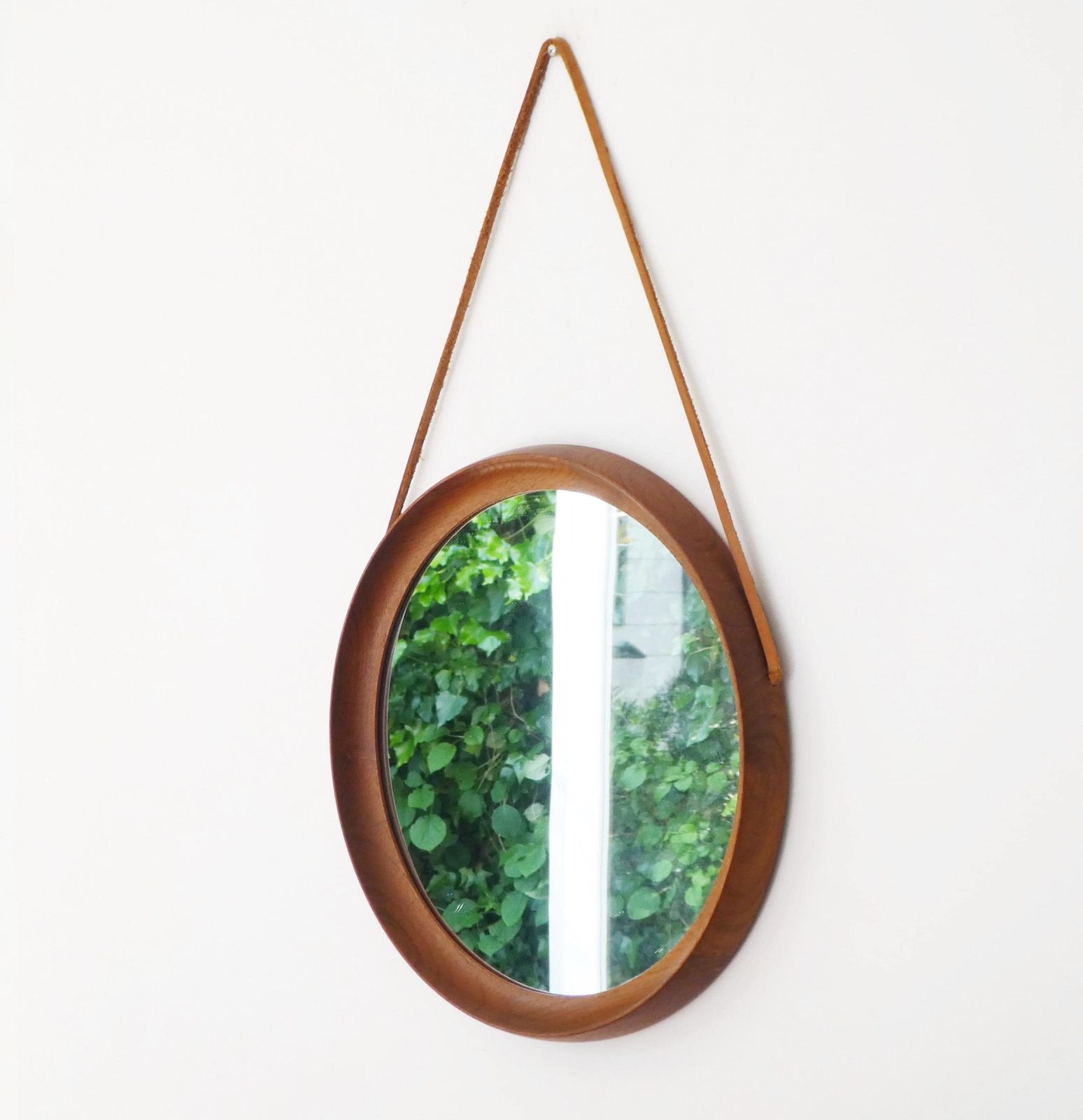 Mid Century Round Teak Mirror With Leather Cord, Scandinavian Modern Wooden Wall Mirror, Danish Design