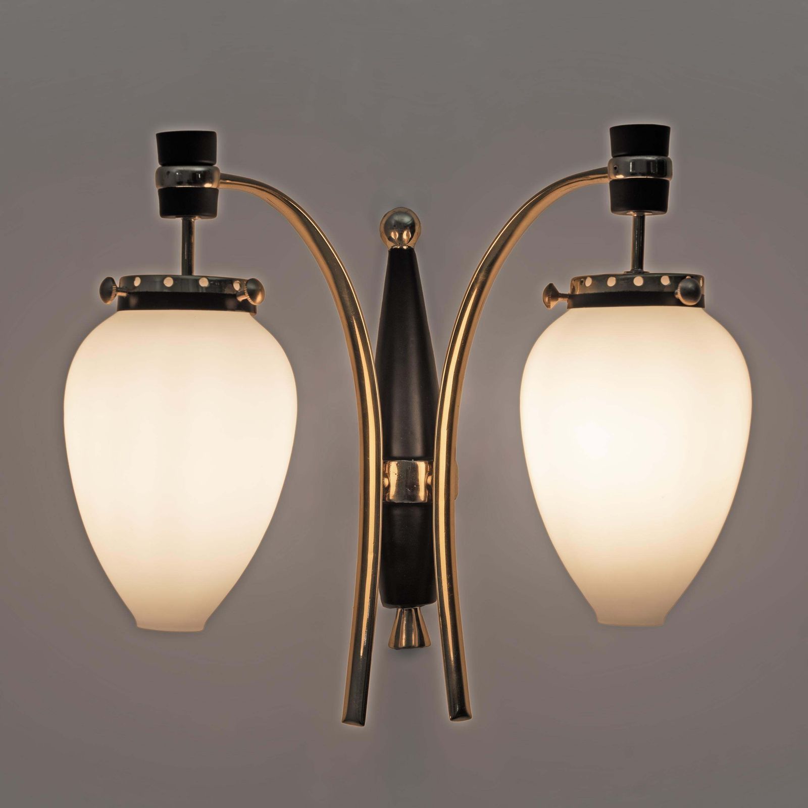 Stilnovo Mid Century Modern Italian Brass And Murano Glass Sconces, 1950s, Pair photo for sale