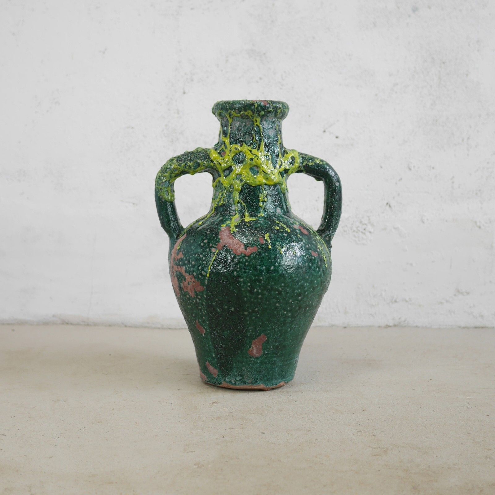 Terracotta Green Fat Lava Glazed Olive Jar Rustic Vase Urn Pot Amphora #102926