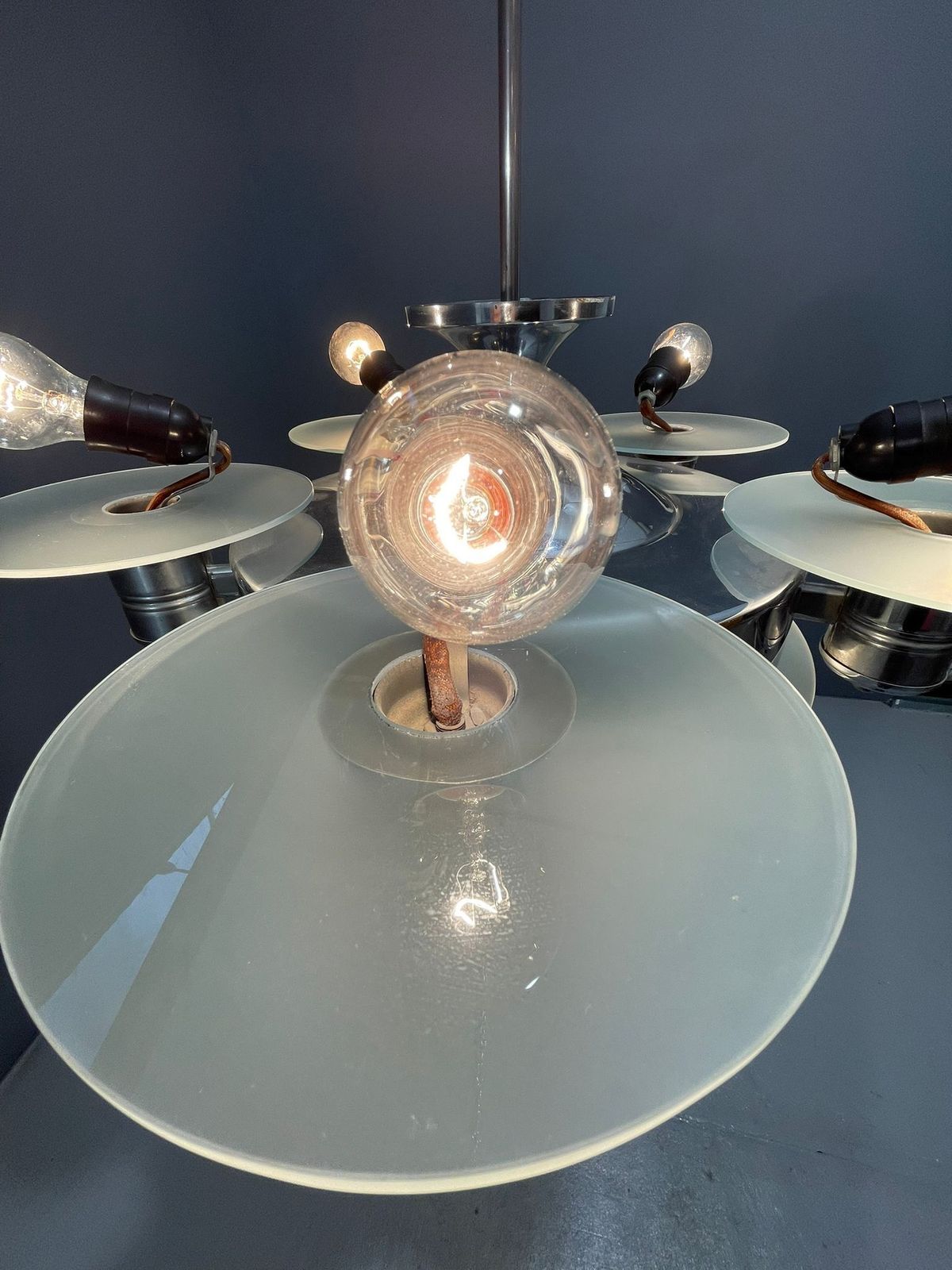 1930s Art Deco Chrome Chandelier With Frosted Glass Disc Shades – Czech Vintage Lighting