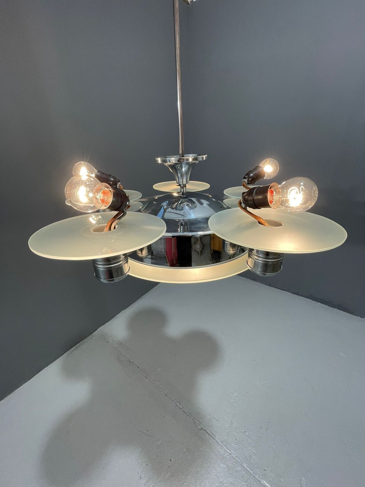 1930s Art Deco Chrome Chandelier With Frosted Glass Disc Shades – Czech Vintage Lighting photo furniture