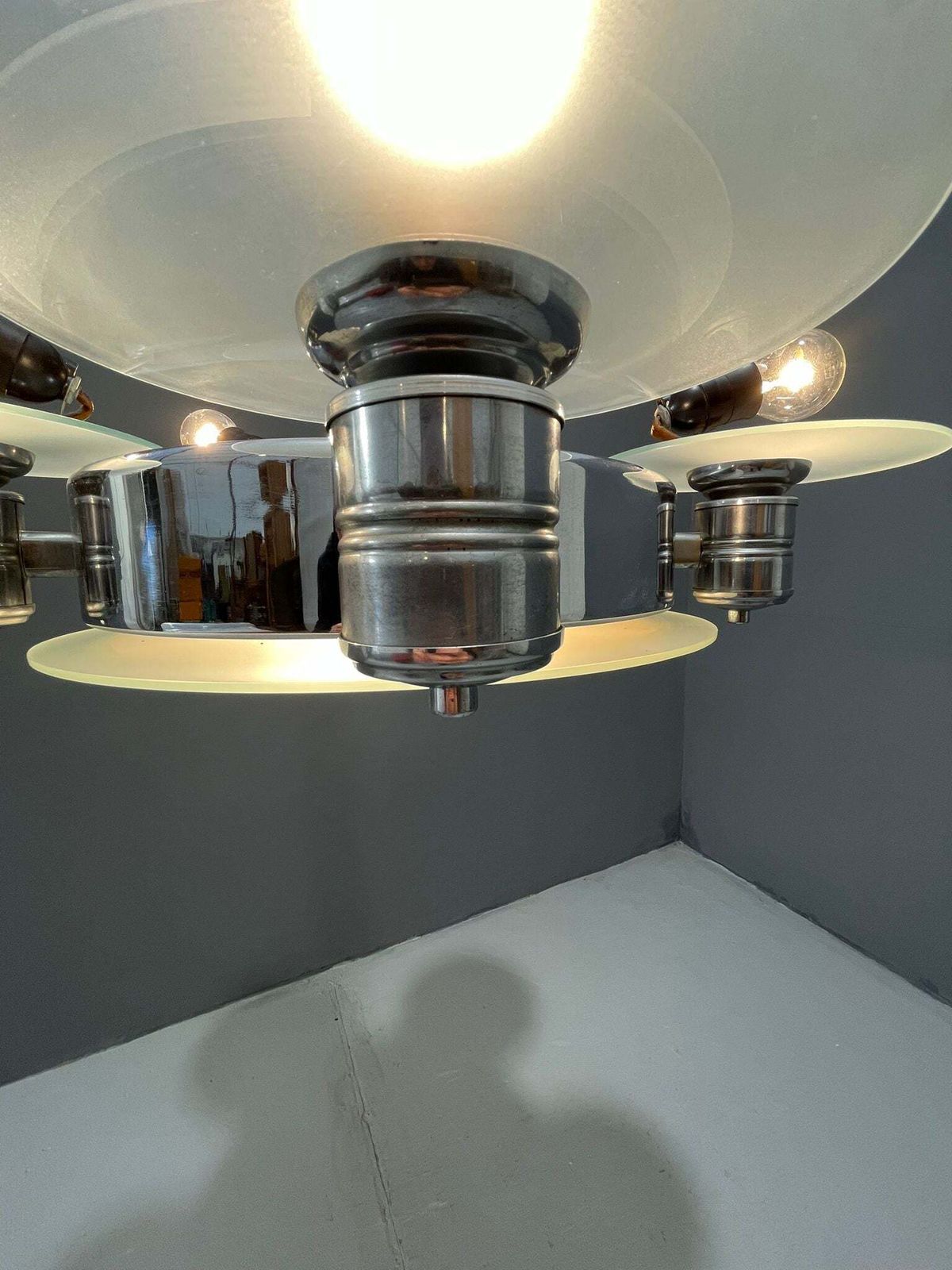 photo buy 1930s Art Deco Chrome Chandelier With Frosted Glass Disc Shades – Czech Vintage Lighting
