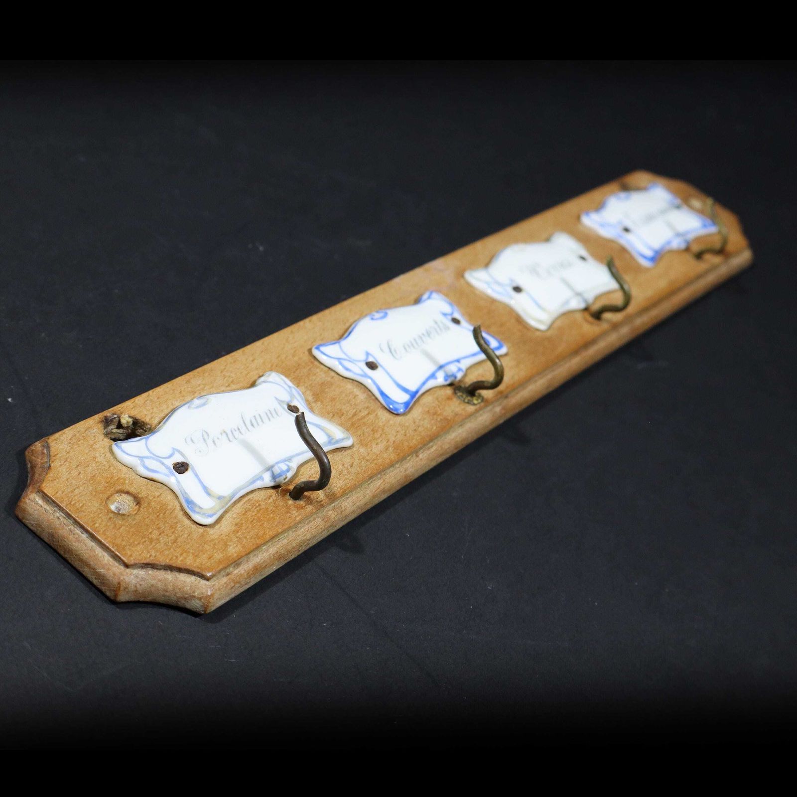 French Antique Towel Holder Wood Tea Towel Holder With 4 Hooks And Porcelain Signs, French Country Kitchen photo 118.0