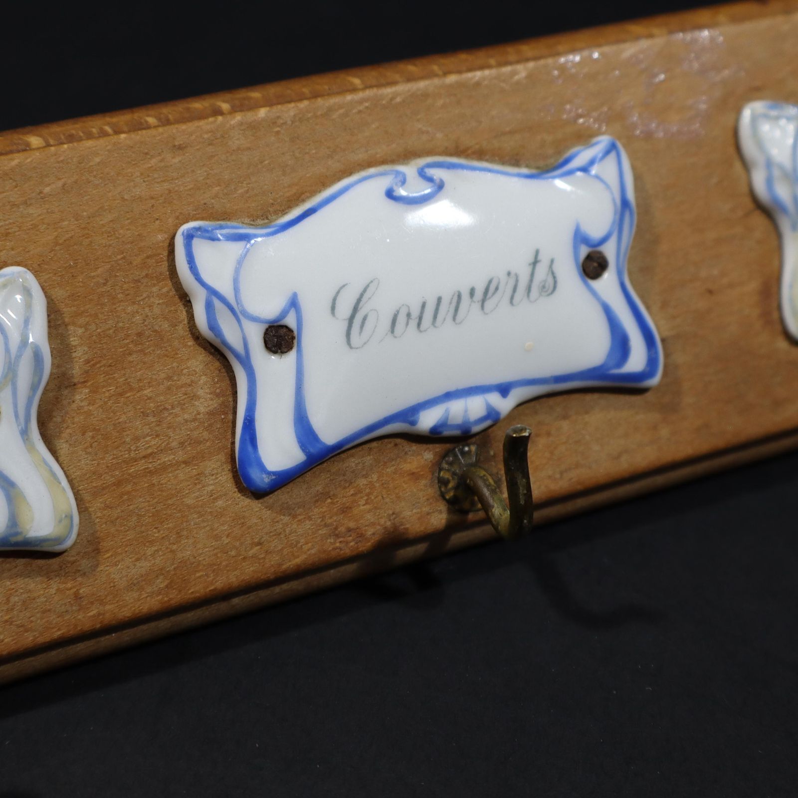 French Antique Towel Holder Wood Tea Towel Holder With 4 Hooks And Porcelain Signs, French Country Kitchen photo vintage