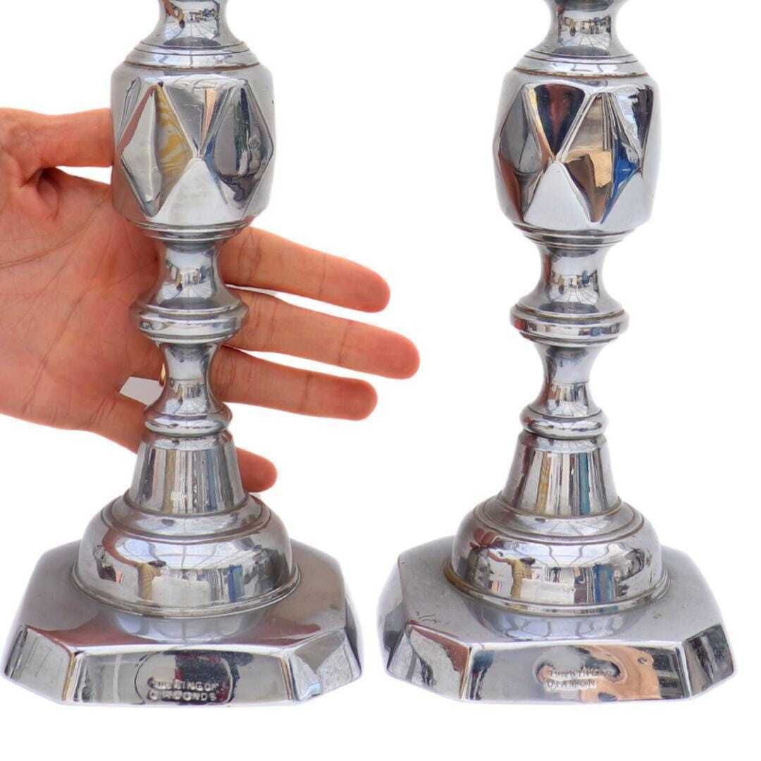 Large And Chunky Pair Of Chromed Plated King Of Diamonds Brass Candlesticks Pair H 32 Cm photo vinterior
