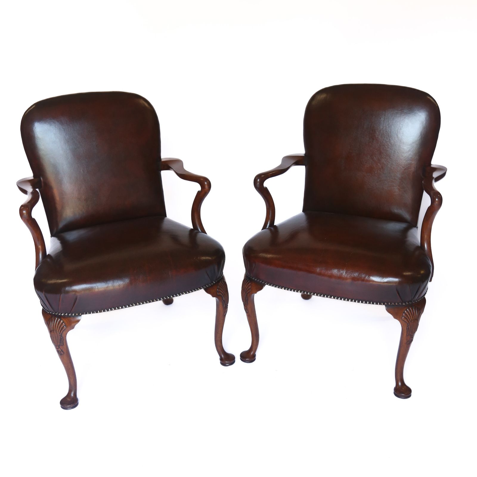 Pair Georgian Revival Walnut & Leather Open Elbow Chairs Circa 1920s