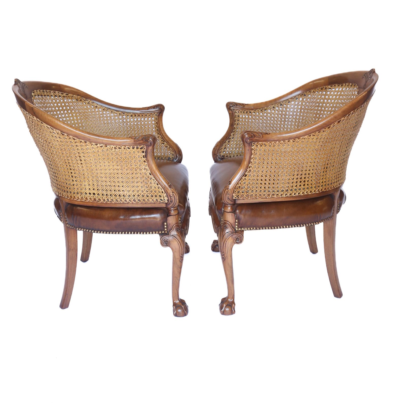 Fine Pair Walnut & Carved Bergere Tub Shaped Chairs 1920s photo buy