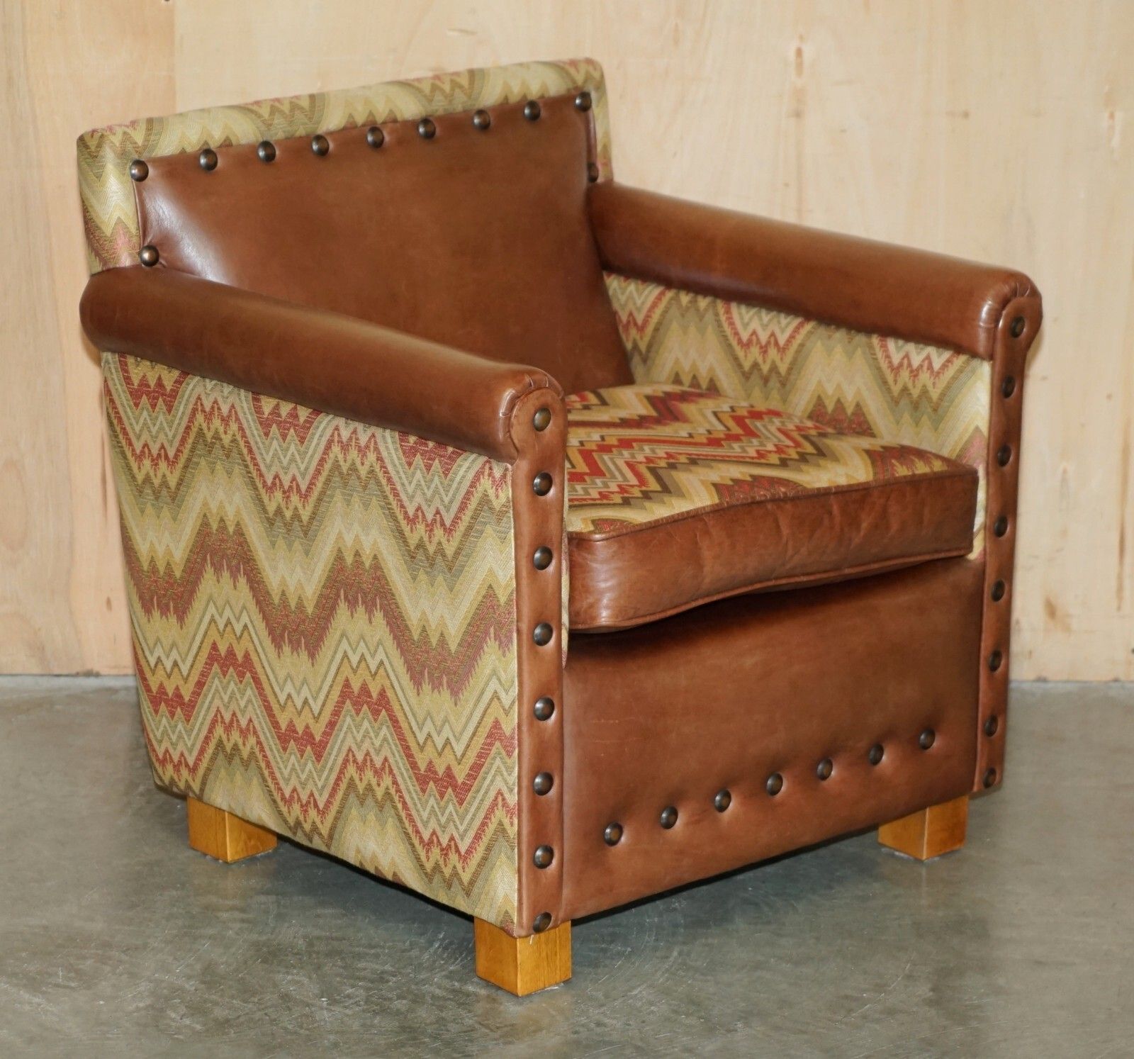 Pair Of Andrew Martin Marlborough Brown Leather Reversible Kilim Armchairs photo furniture