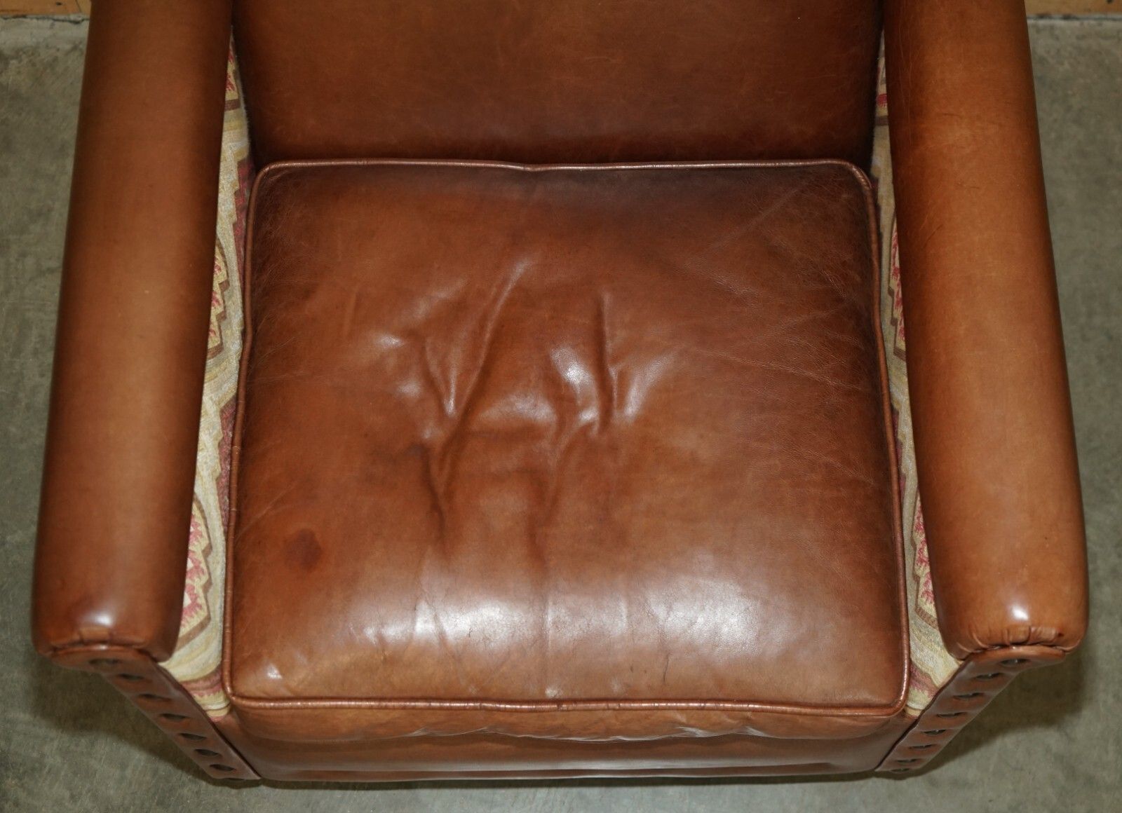 Pair Of Andrew Martin Marlborough Brown Leather Reversible Kilim Armchairs photo buy