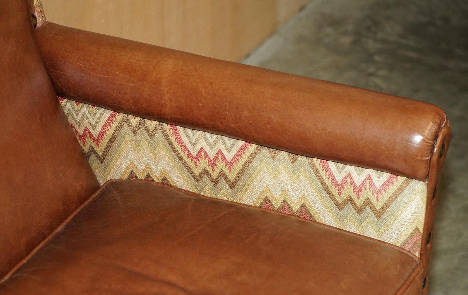 Pair Of Andrew Martin Marlborough Brown Leather Reversible Kilim Armchairs photo vintage