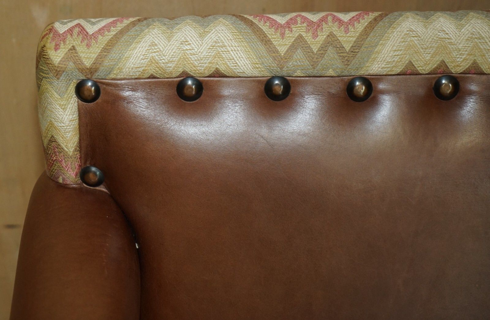photo for sale Pair Of Andrew Martin Marlborough Brown Leather Reversible Kilim Armchairs