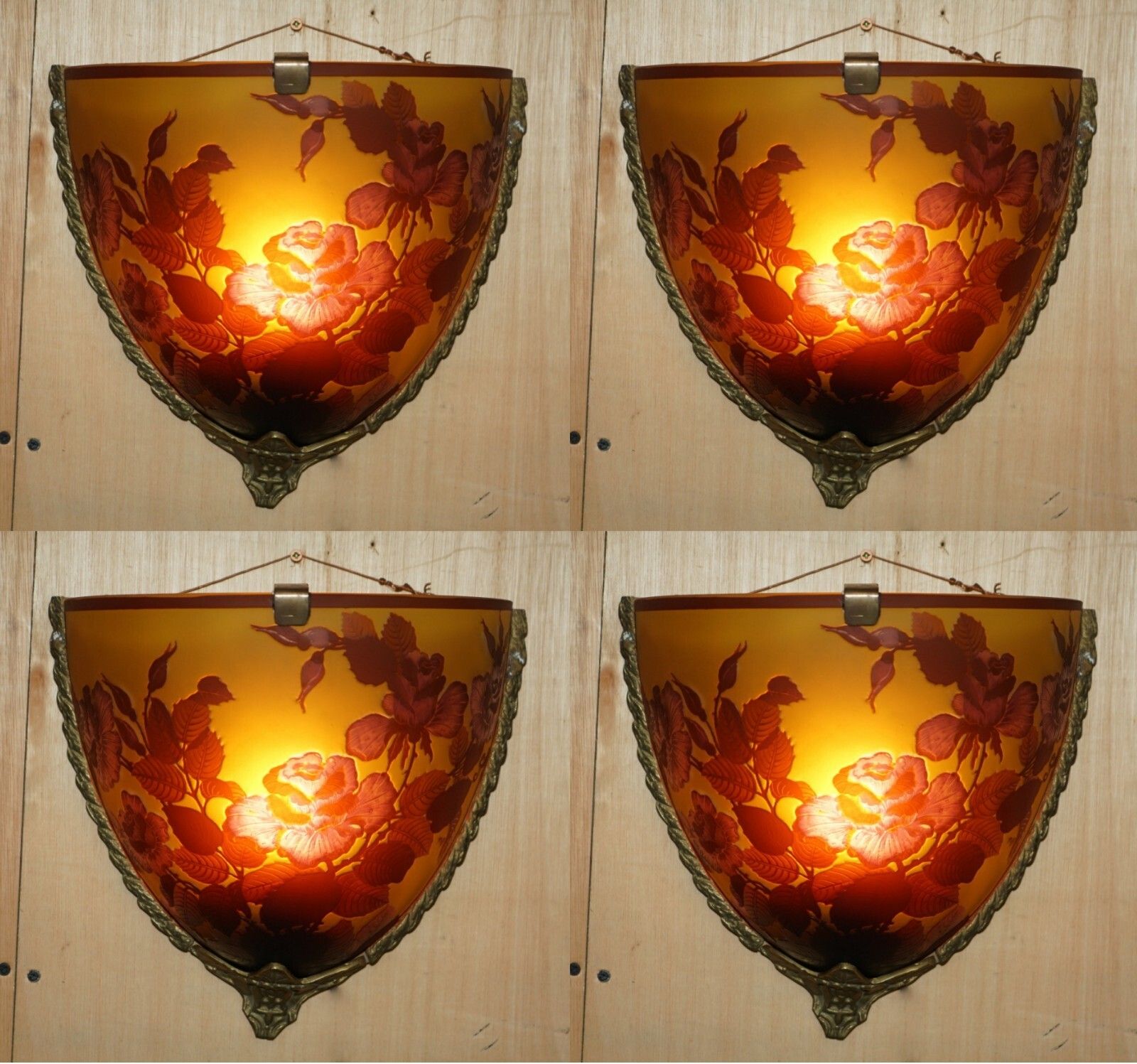 Four Original French Emile Galle Cameo Glass & Brass Wall Mounted Sconces Lights