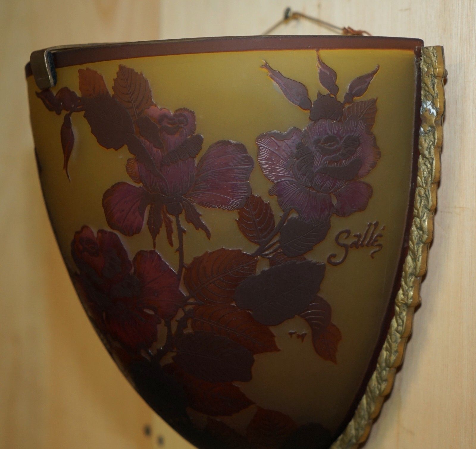 Four Original French Emile Galle Cameo Glass & Brass Wall Mounted Sconces Lights photo Lighting
