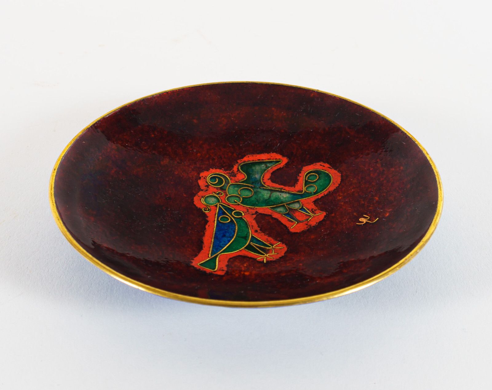 1970s Walter Lochmuller Abstract Birds Cloisonne Red Enamel Dish – Signed photo furniture