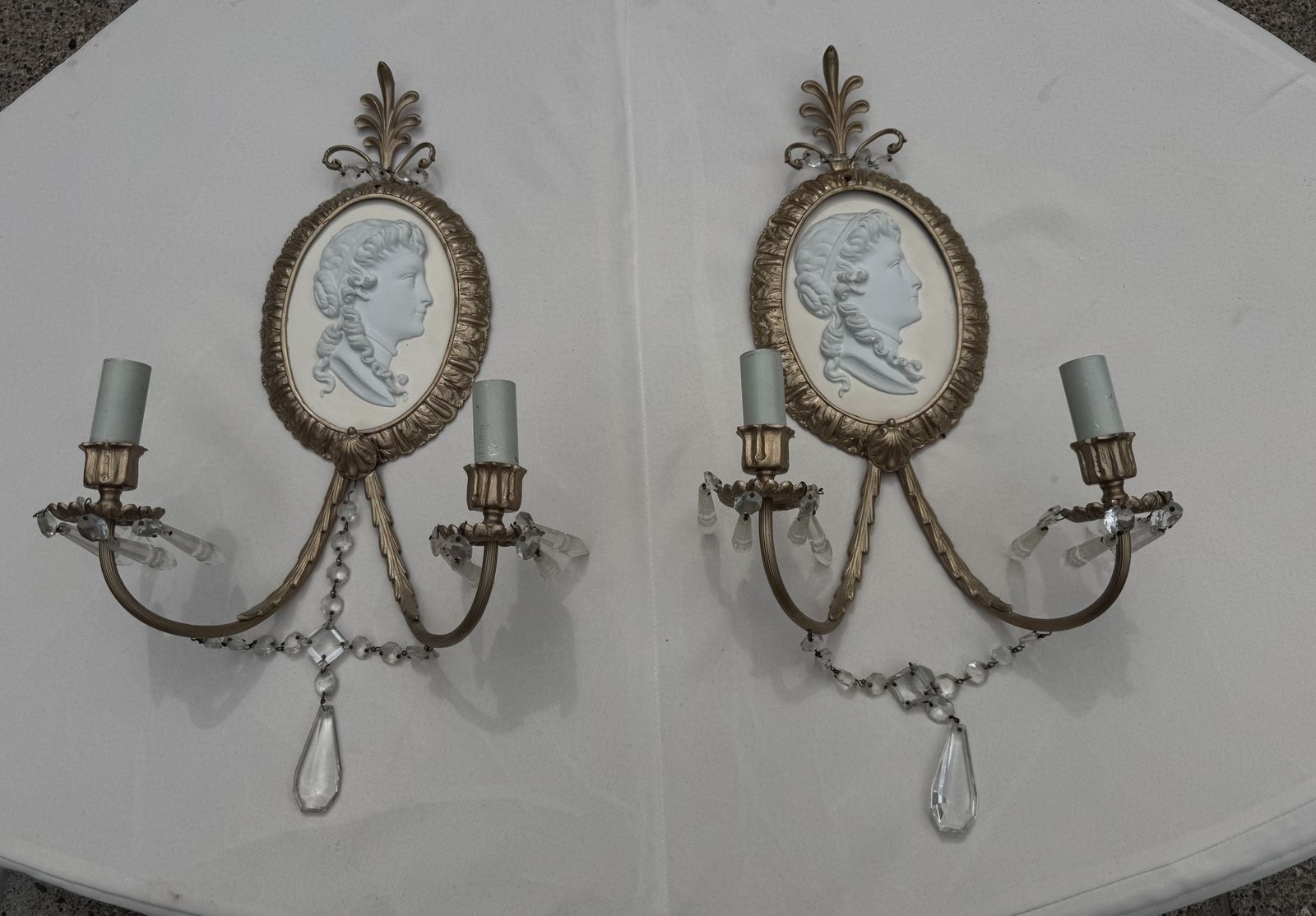 Pair Of Victorian Brass & Crystal Camo Sconces