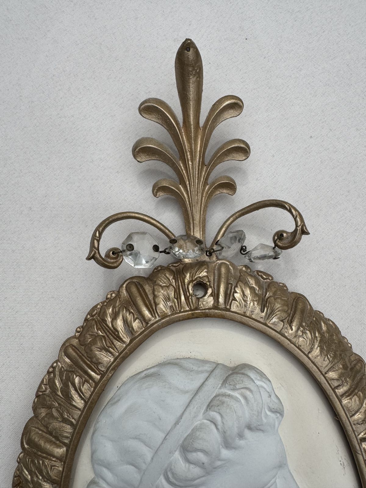 Pair Of Victorian Brass & Crystal Camo Sconces photo for sale
