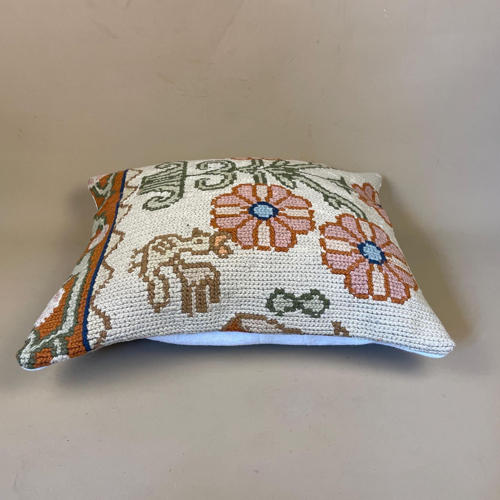 Moroccan Carpet Cushion Antique Kilim Pillow Feather Handmade 48x38cm Floral Feather Filled Handwoven Beige Traditional Rectangle Vintage photo Textiles