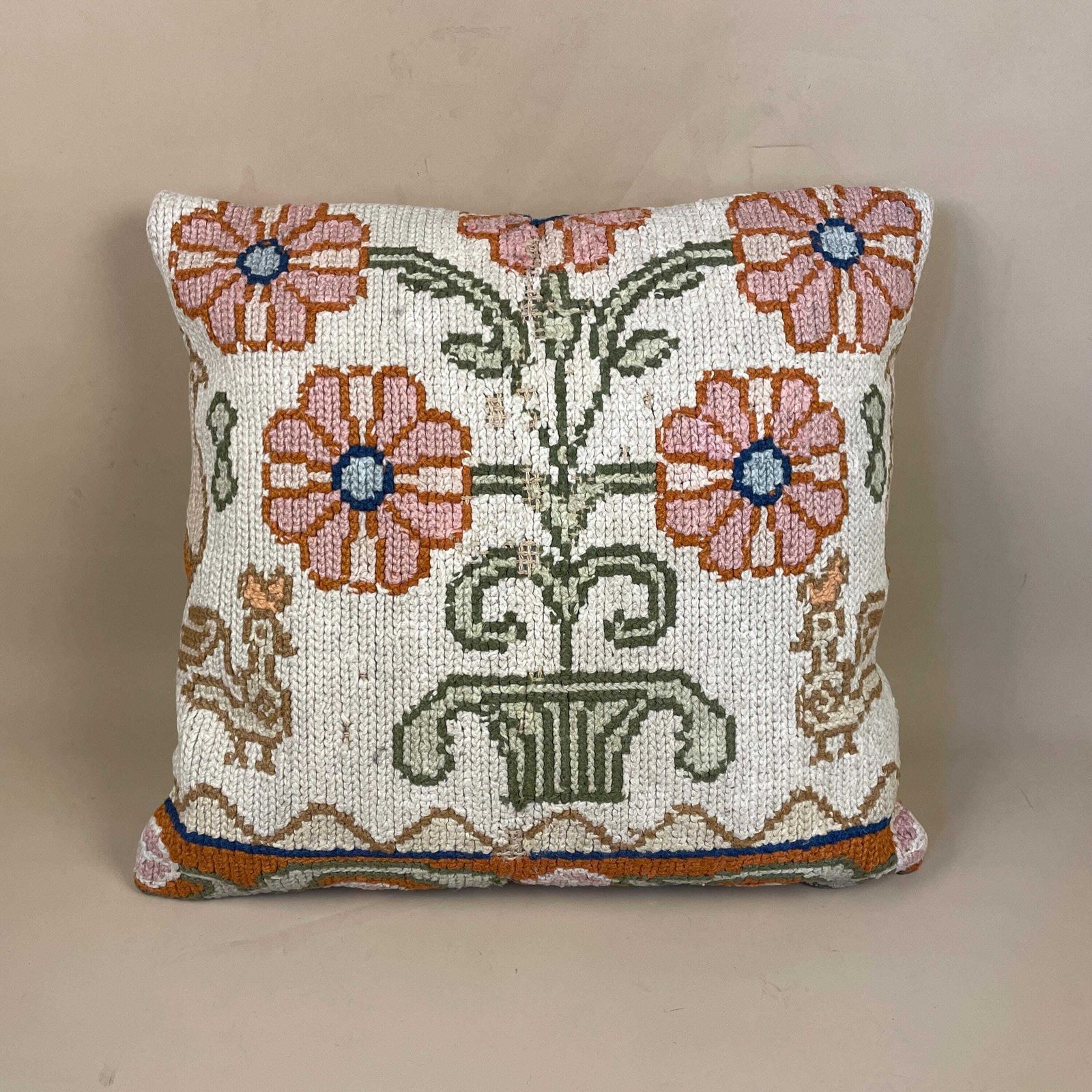 Moroccan Carpet Cushion Antique Kilim Pillow Feather Handmade 48x45cm Floral Feather Filled Handwoven Beige Traditional Rectangle Vintage