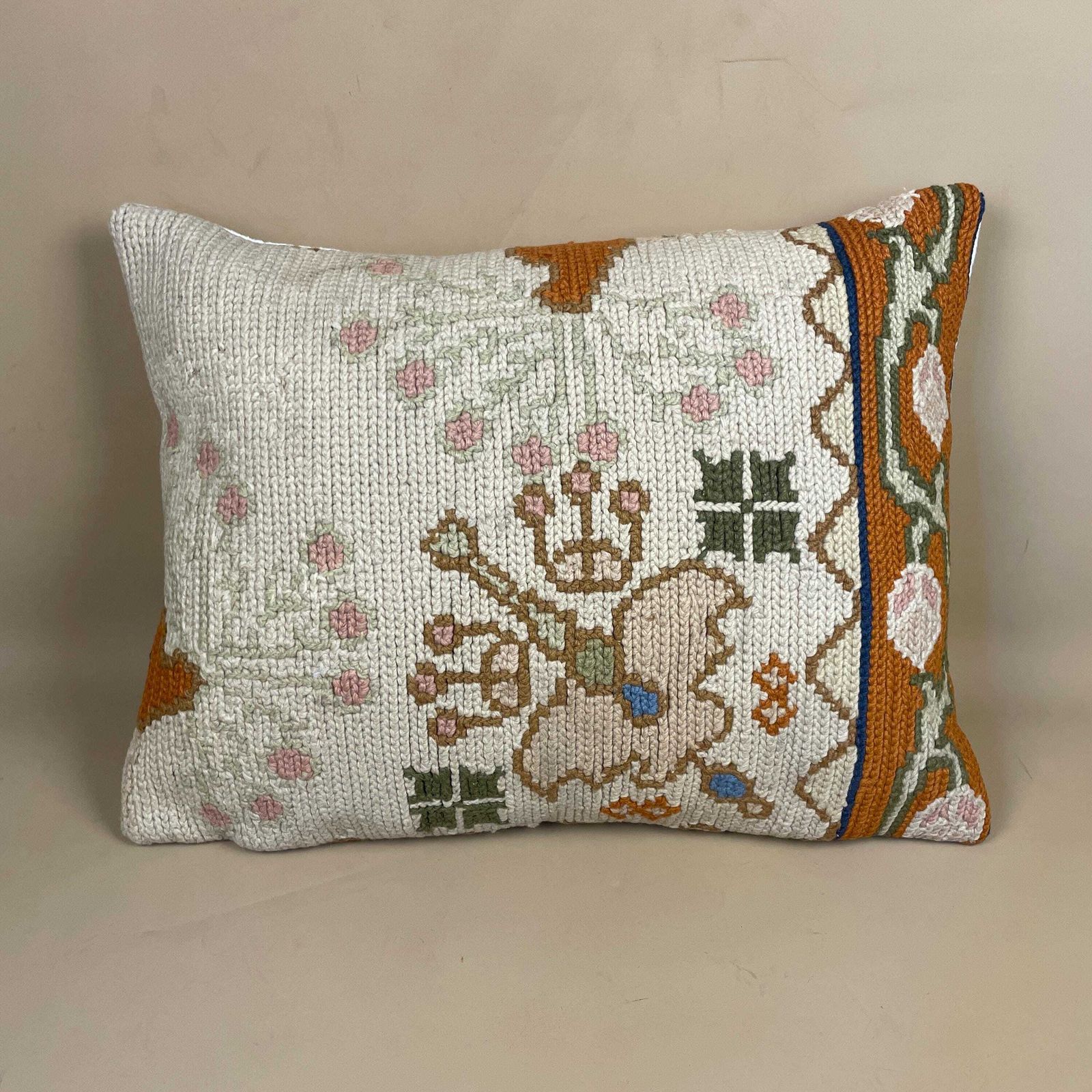 Moroccan Carpet Cushion Antique Kilim Pillow Feather Handmade 50x38cm Floral Feather Filled Handwoven Beige Traditional Rectangle Vintage