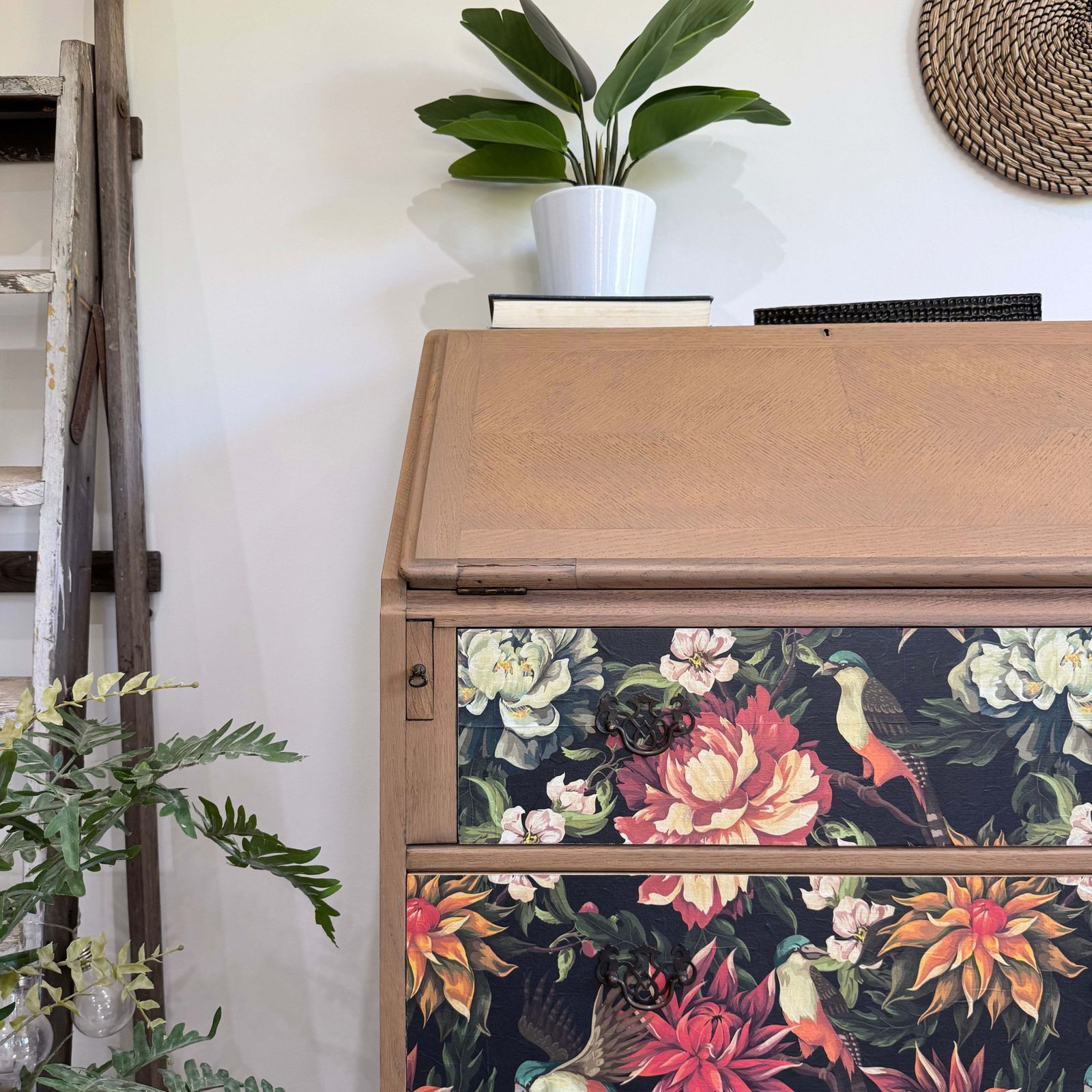 Vintage Oak Bureau Desk, Colourful Floral Decoupaged Drawers photo for sale