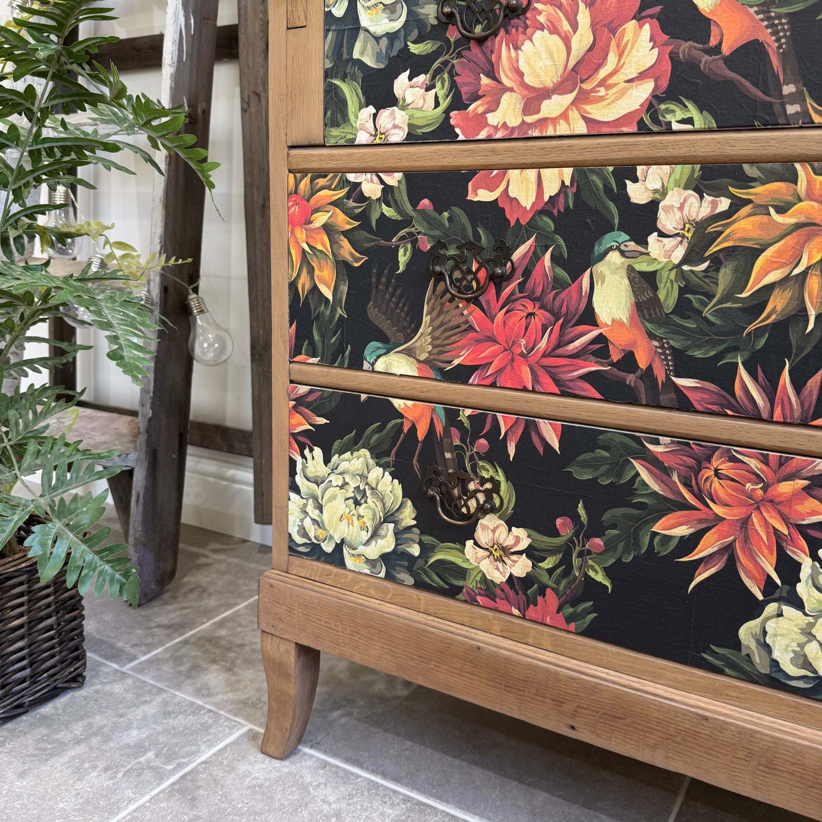 Vintage Oak Bureau Desk, Colourful Floral Decoupaged Drawers photo Furniture