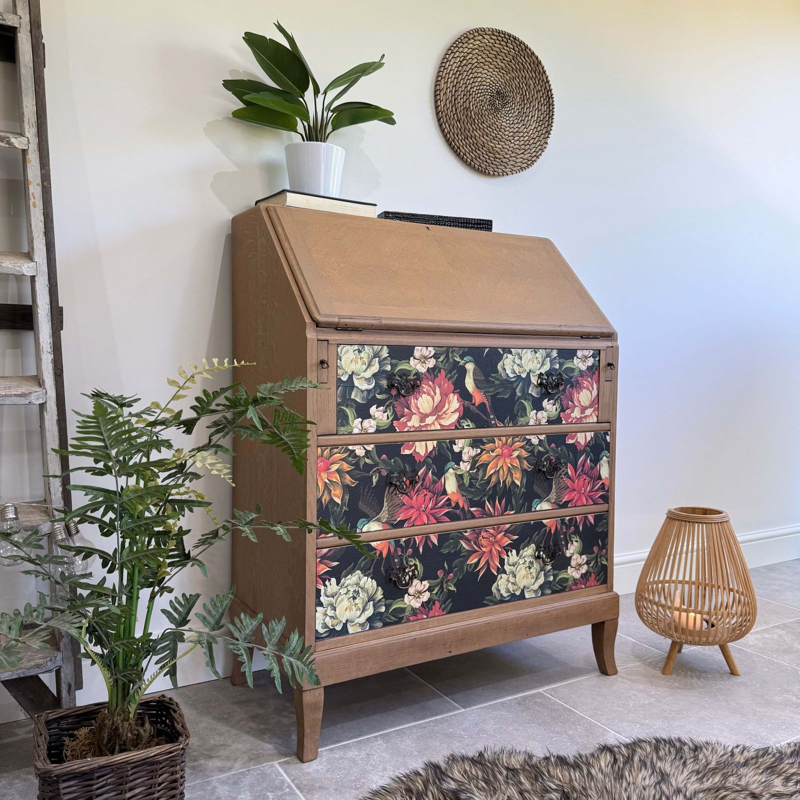 Vintage Oak Bureau Desk, Colourful Floral Decoupaged Drawers photo 425.0