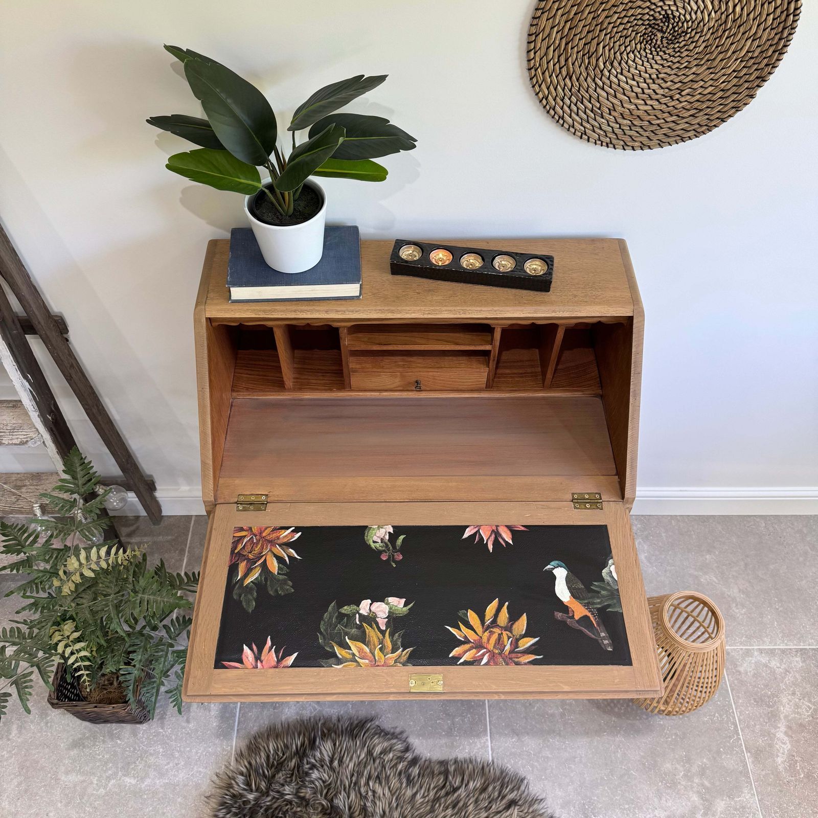 Vintage Oak Bureau Desk, Colourful Floral Decoupaged Drawers photo buy