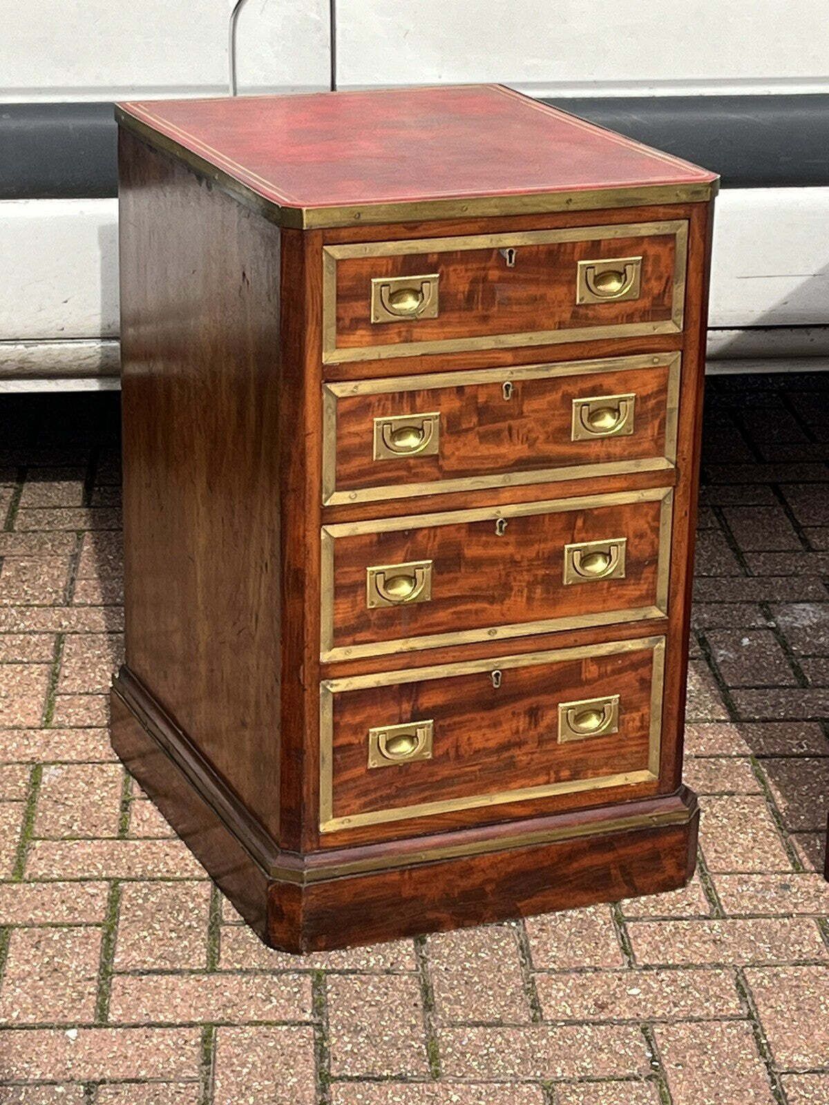 Furniture Antique Bedside Drawers. Mahogany With Brass Bound Decoration photo