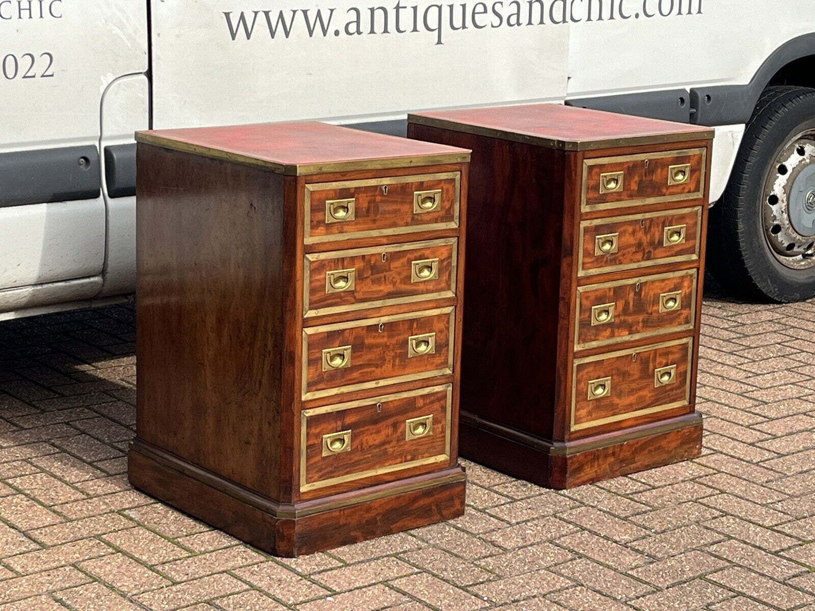 photo vintage Antique Bedside Drawers. Mahogany With Brass Bound Decoration