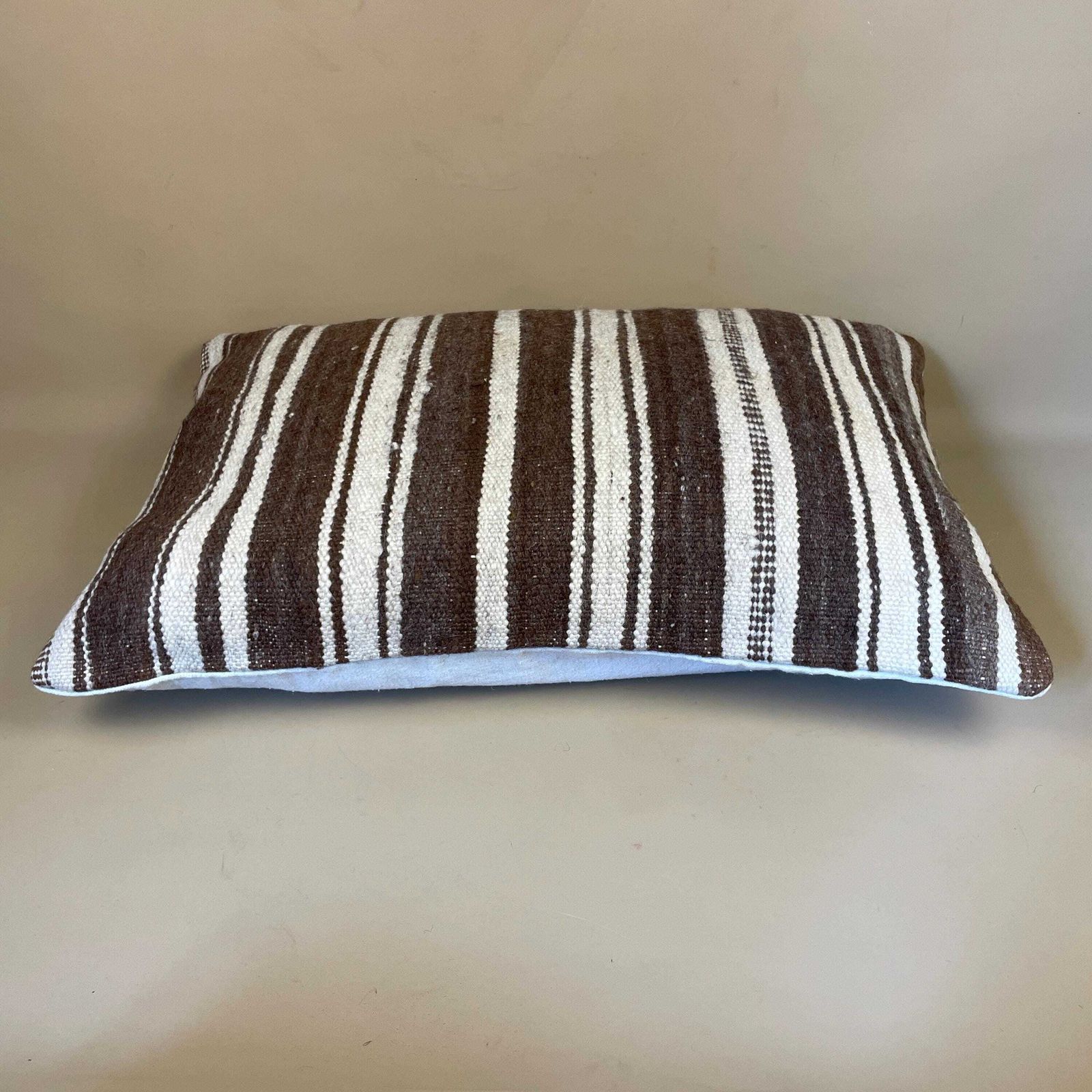 Moroccan Kilim Cushion Carpet Pillow Feather Handmade 60x40cm Striped Feather Filled Handwoven Brown Beige Traditional Rectangle photo for sale