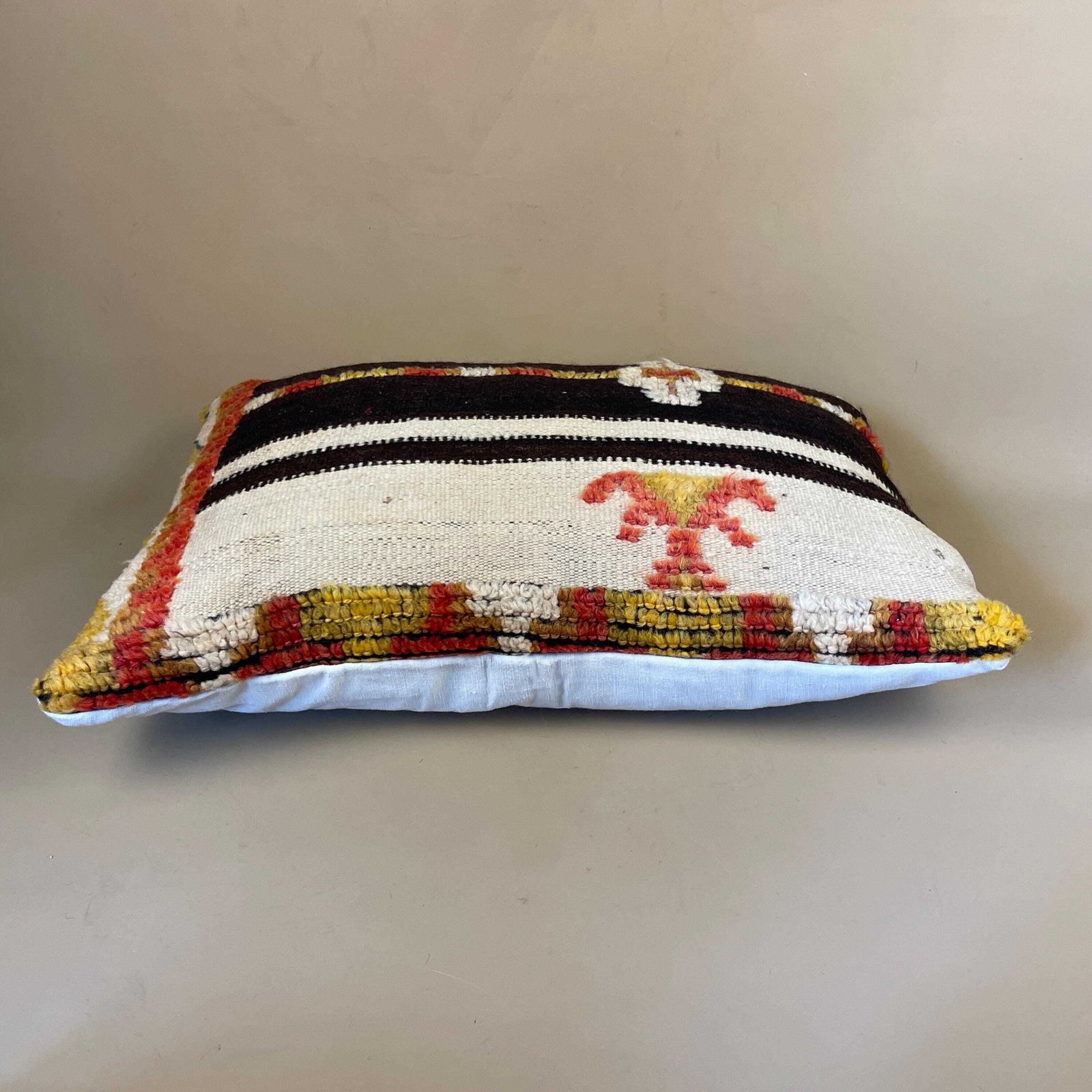 Moroccan Kilim Berber Cushion Antique Carpet Pillow Feather Handmade 55x38cm Feather Filled Handwoven Beige Yellow Red Rectangle Vintage photo for sale