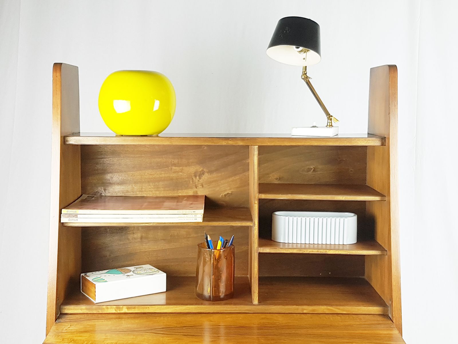 photo vintage Mid Century Modern Wooden Drop Off Wall Secretary Attributed To Marcel Gascoin, 1950s